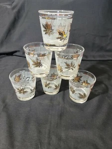 6- GOLD LEAF ROCKS Weighted Base Vintage MCM Frosted Look Grid Foliage Glass EUC - Picture 1 of 7