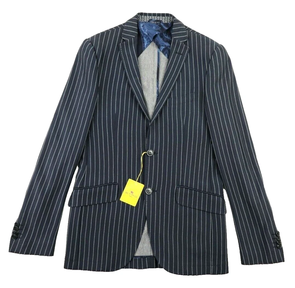 $1540 Abrigo Deportivo ETRO 38 (48 EU) Azul Marino Blanco Rayas Seda Algodón Blazer Calce Ajustado Foto 1 de 4