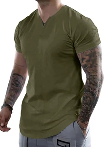 Mens Muscle Slim T Shirts V-Neck Longline Henley Shirt Gym Workout Athletic Tees - Picture 1 of 12