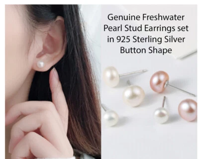Brand New Genuine Freshwater Pearl Stud Earrings 925 Sterling Silver Button - image 1 of 4