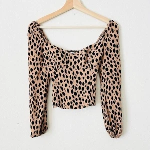 Reformation TALLA 0 Reign Sweetheart Top Manga Larga Estampado Animal Bobcat - Imagen 1 de 7