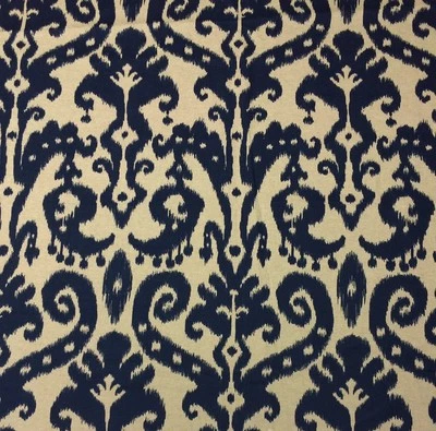 BALLARD DESIGNS VENICE IKAT NAVY BLUE CREAM DESIGNER FABRIC BY THE YARD 55"W - Image 1 of 4