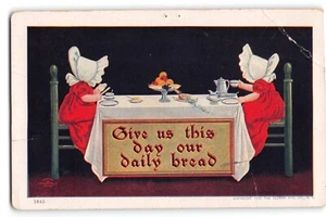 Vintage 1906 Postcard - Dutch Girls at Table "Give Us This Day Our Daily Bread" - Picture 1 of 2