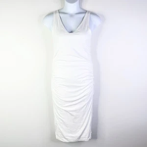 James Perse Dress Women 4 - XL White Ruched Midi Cotton Deep V-neck Bodycon NWT - Picture 1 of 10