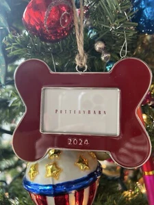 Pottery Barn 2024 Red Dog Bone Dated Enamel Frame Christmas Ornament New in Box - Picture 1 of 5