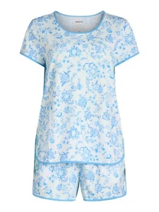 2-Piece Joyspun Floral Tee and Shorts Set Women's Medium Blue Crew Neck Hipster - Picture 1 of 5
