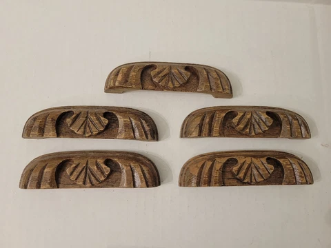 Vintage Hand Carved Dresser handles Wood Drawer Pulls Lot Of 5 Cover