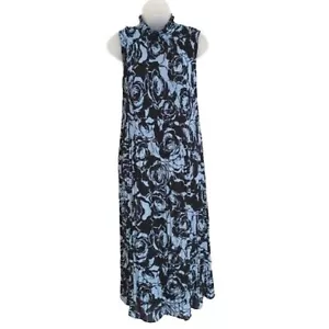Chicos Black Label Crinkle High Neck Blue Black Floral Dress 8 NWT Sleeveless - Picture 1 of 9