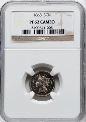 1868 3 Cent Nickel NGC PF62 CAMEO - STUNNING QUALITY ! - Image 1 of 2