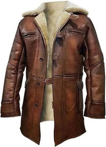 Tom Hardy Brown Fur Shearling Genuine Sheepskin Leather Winter Long Coat For Men - Picture 1 of 5