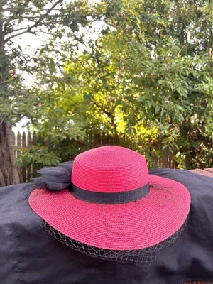 Vtg Elegant Red Hat w/ Black Bow, Ribbon & Netting, Church,  Wedding, Derby - Image 1 of 4