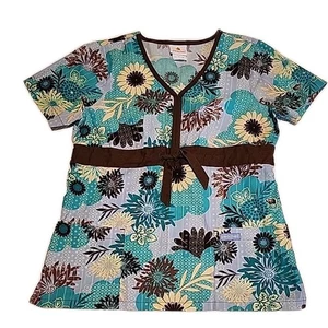 Peaches Brown Green Yellow Print Scrub Top Adjustable Tie Waist 100% Cotton XS - Picture 1 of 9