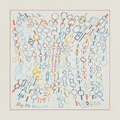 Hermes Scarf Stole Do Re Boucles White Chain Accessory Silk Auth New tag 90 cm - Image 1 of 4