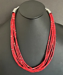 Sterling Silver Multi Strand Red Coral Bead Necklace 22 Inch - Picture 1 of 12