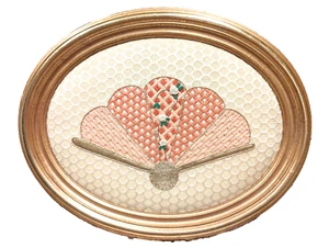 Vtg OVAL Needlepoint Framed Handmade Fan Parlor Deco White Roses Gold Accent 14" - Picture 1 of 5