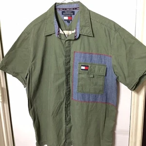 Tommy Hilfiger Large Jeans Button Down Shirt With Taxi Truck Beach Scene On Back - Picture 1 of 12