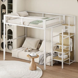 Eisenbett Kinderbett 140x200cm Metall mit LeiterEisenrahmen Aufbewahrungsregal - Bild 1 von 10