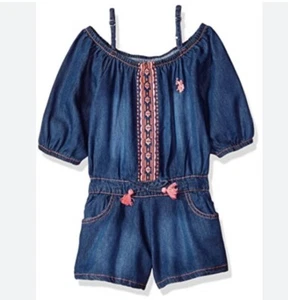 US POLO Girl’s Soft Denim Romper Off Shoulder Size 5/6 - Picture 1 of 6