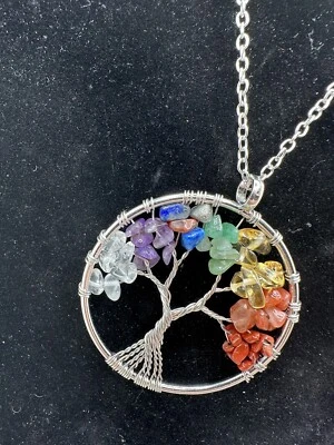 NEW Tree of Life Pendant Necklace Natural Gemstone 7 Chakra Healing Crystals 20" - Image 1 of 4