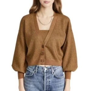 NWT ALICE + OLIVIA Zelina Preppy Metallic Bronze Deep V Cardigan Size M - Picture 1 of 9