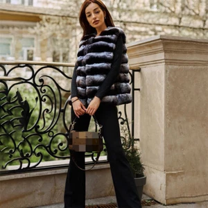 Fashion Women Real Rex Rabbit Fur Vest Luxury Genuine Fur Warm Chinchilla Gilets - Picture 1 of 4