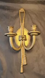 Vintage Hollywood Regency Heavy Brass Gold Finish Double Candle Wall Sconce 14.5 - Picture 1 of 12