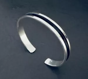 Solid 925 Sterling Silver Black Enamel Heavy Mens Cuff Bangle Bracelet 10mm 30gm - Picture 1 of 7