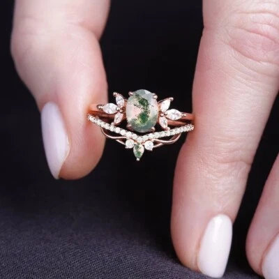 Único conjunto de anillos de compromiso de ágata musgo anillo de boda anillo de oro rosa anillo de plata Foto 1 de 4