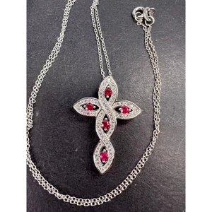 Lab ruby and CZ cross pendant and chain in rhodium over sterling silver  - Picture 1 of 11