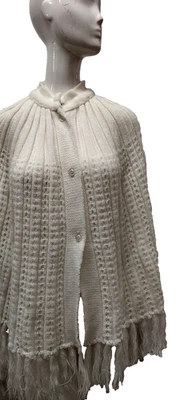 1970s White Fringe Sweater Poncho Acrylic Plastic Buttons Vintage Bohemian Hippy - Image 1 of 4