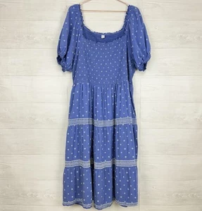Old Navy Puff Sleeve Tiered Smocked Midi Dress XXL Square Neck Embroidered Blue - Picture 1 of 15