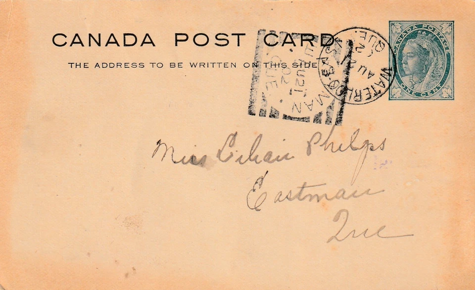 Canada WATERLOO EAST QC Queen Victoria 1c Leaf PC EASTMAN QC Squared Circle 1902 - Image 1 of 1