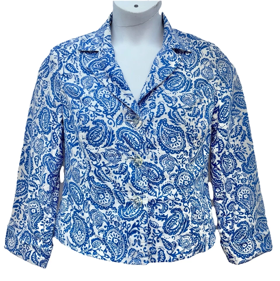 Kim Rogers Women Size 12P 3 Button-Up Long Sleeve Blazer Blue/White Linen Blend - Image 1 of 4