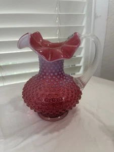 Fenton Cranberry Red Pitcher Vase Pour Hobnail Pattern with Ruffled Edge Top 7" - Picture 1 of 6