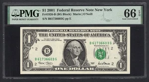 United States-Federal Reserve 1 Dollar 2001 Fr#1926-B (BG Block) UNC Grade 66 - Picture 1 of 2