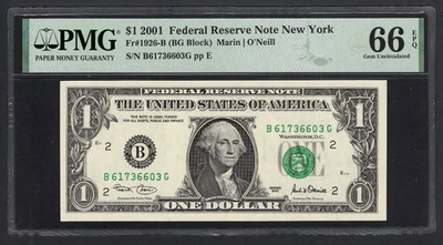 United States-Federal Reserve 1 Dollar 2001 Fr#1926-B (BG Block) UNC Grade 66 - Image 1 of 2