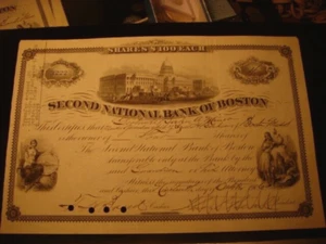 Stock Certificate $100 SECOND NATIONAL BANK OF BOSTON 1906 - Picture 1 of 2