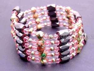 6mm Round Pink Cloisonne Black Magnetic Beads Bracelet Women 30" Long Necklace - Picture 1 of 4