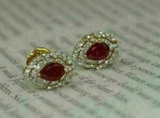 2Ct Pear Cut Simulated Ruby Double Halo Stud Earrings in 14K Yellow Gold Plated
