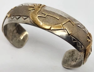 Navajo Signed Sterling & 12k Gold Filled Kokopelli Cuff Bracelet - Picture 1 of 10