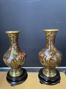 Pair Vintage Chinese Cloisonne Vases Multi  Color With Thousand Floral Motif - Picture 1 of 14