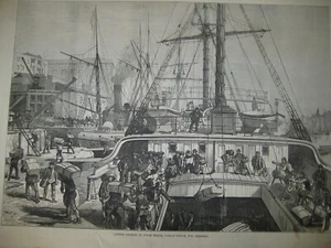 1874 Landing Oranges At Fresh Wharf London Bridge Christmas Wood Antique PRINT - Picture 1 of 3