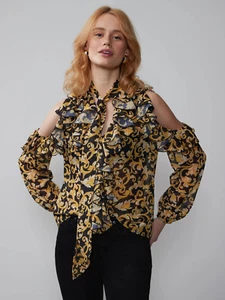 New York & Company Black Gold Filigree Cold Shoulder Ruffle Tie Neck Top M NWT - Picture 1 of 10