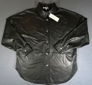 Three Dots Women's Shirt Top Faux Vegan Leather Pocketed Moto Size Medium NWT - Picture 1 of 10