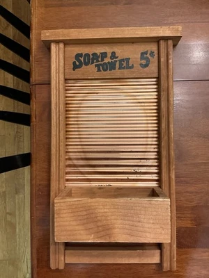 Wooden Wall Shelf W/Copper Wash Board, Soap & Towel 5c, 18.25"T x  9.5"W - Image 1 of 4