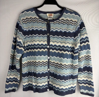 复古 Talbots 毛衣 L 码手工针织亚麻棉蓝色雪佛龙 Cottagecore — 第 1/4 张图片