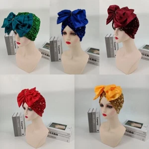 Sequin Bowknot Beanie Hat Fashion Africa Muslim Women Party Wedding Cap Headwear - Picture 1 of 15