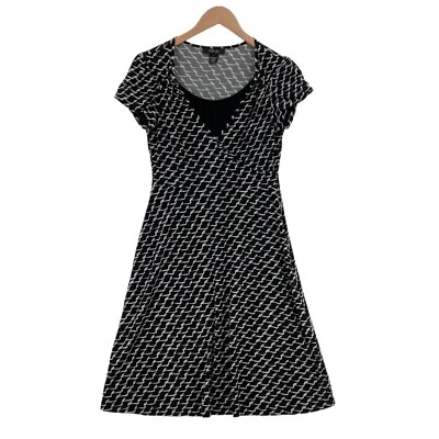 Style&co. Fit & Flare Dress Womens Petite Small Black White Geo Print Cap Sleeve - Image 1 of 4