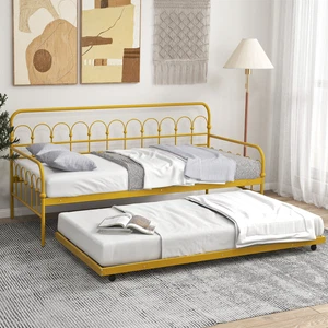 Twin Size Metal Daybed with Trundle Space-Saving Sofa Bed Lockable Wheels Gold - Picture 1 of 12