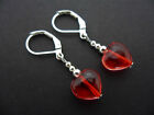 A PAIR OF CUTE LITTLE RED GLASS HEART  DANGLY LEVERBACK HOOK EARRINGS. NEW.